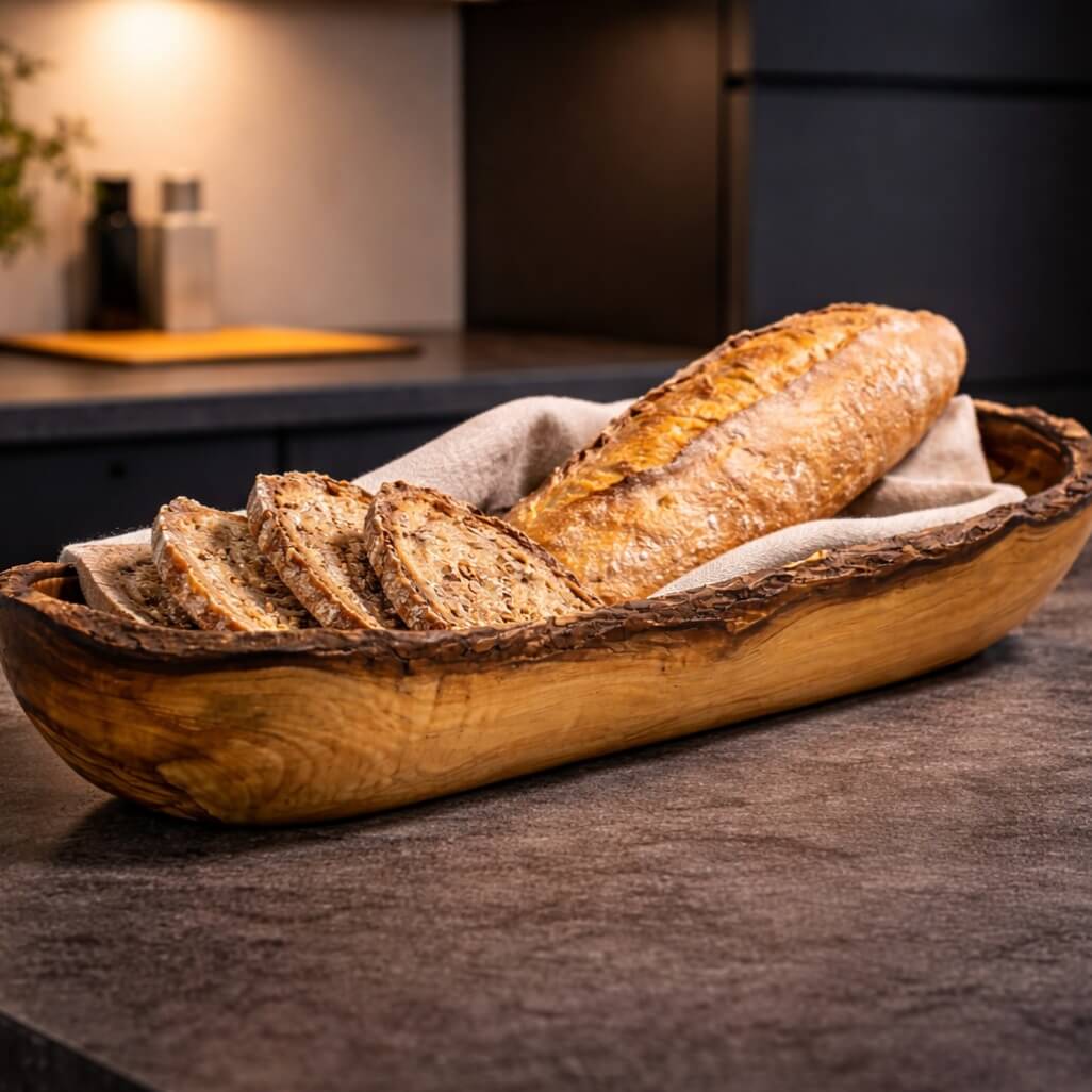 Brot- & Baguette-Schale aus Olivenholz - Rustikaler Rand (30 cm) - Image 2