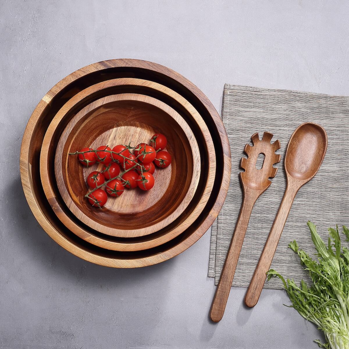 Salatschüssel Set aus Akazienholz – 3 Schüsseln inkl. Salatbesteck - Image 2