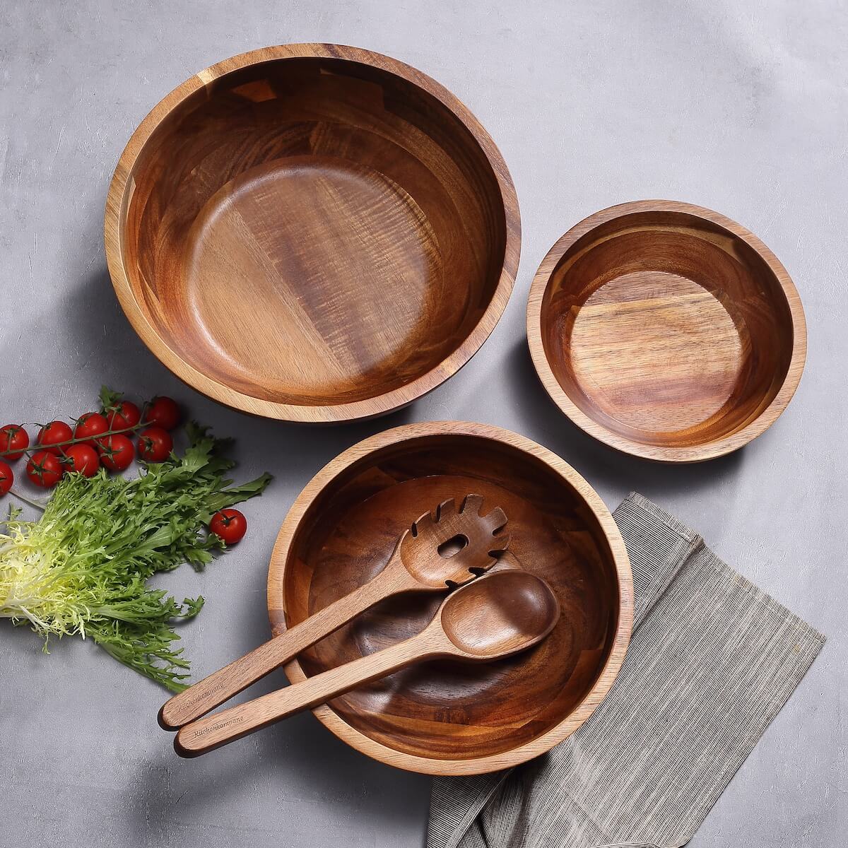 Salatschüssel Set aus Akazienholz – 3 Schüsseln inkl. Salatbesteck - Image 9
